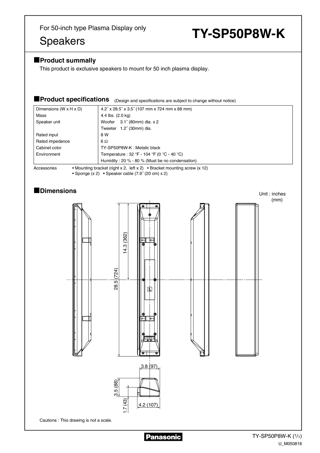 Panasonic TYSP50P8WK dimensions TY-SP50P8W-K, Product summally, Dimensions 