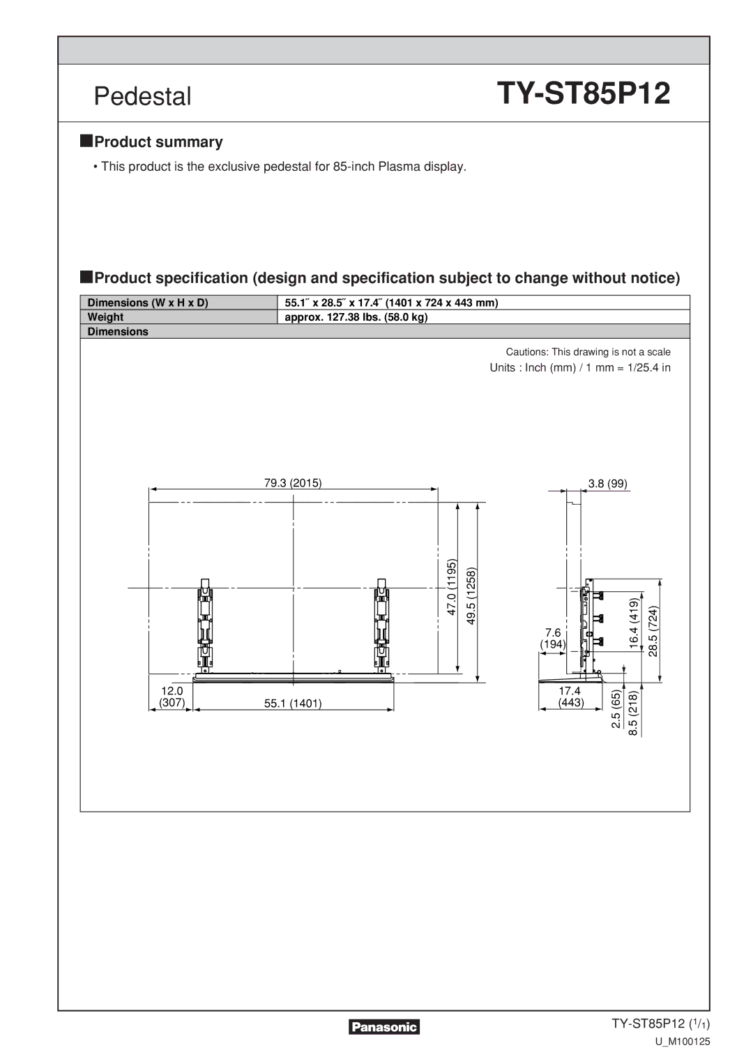 Panasonic TYST85P12 specifications PedestalTY-ST85P12 