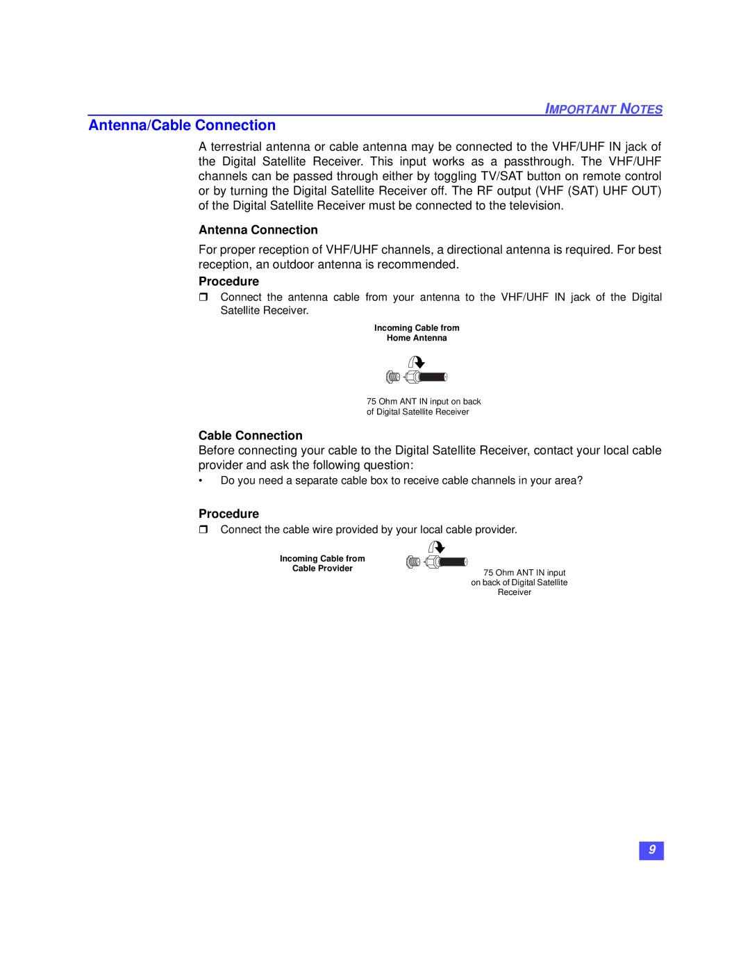 Panasonic TZ-DBS01 operating instructions Antenna/Cable Connection, Antenna Connection, Procedure 