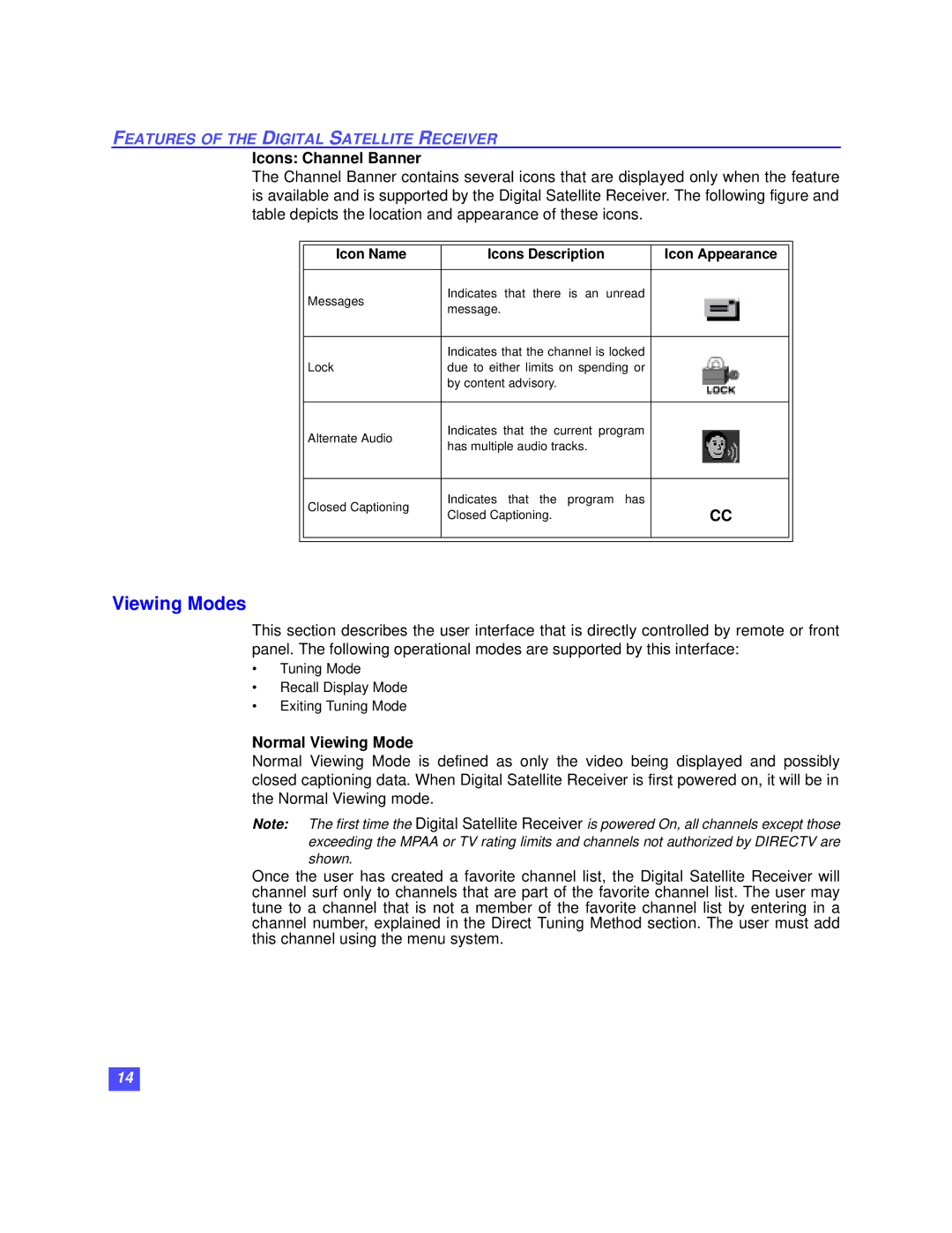 Panasonic TZ-DBS01 Viewing Modes, Icons Channel Banner, Normal Viewing Mode, Icon Name Icons Description Icon Appearance 