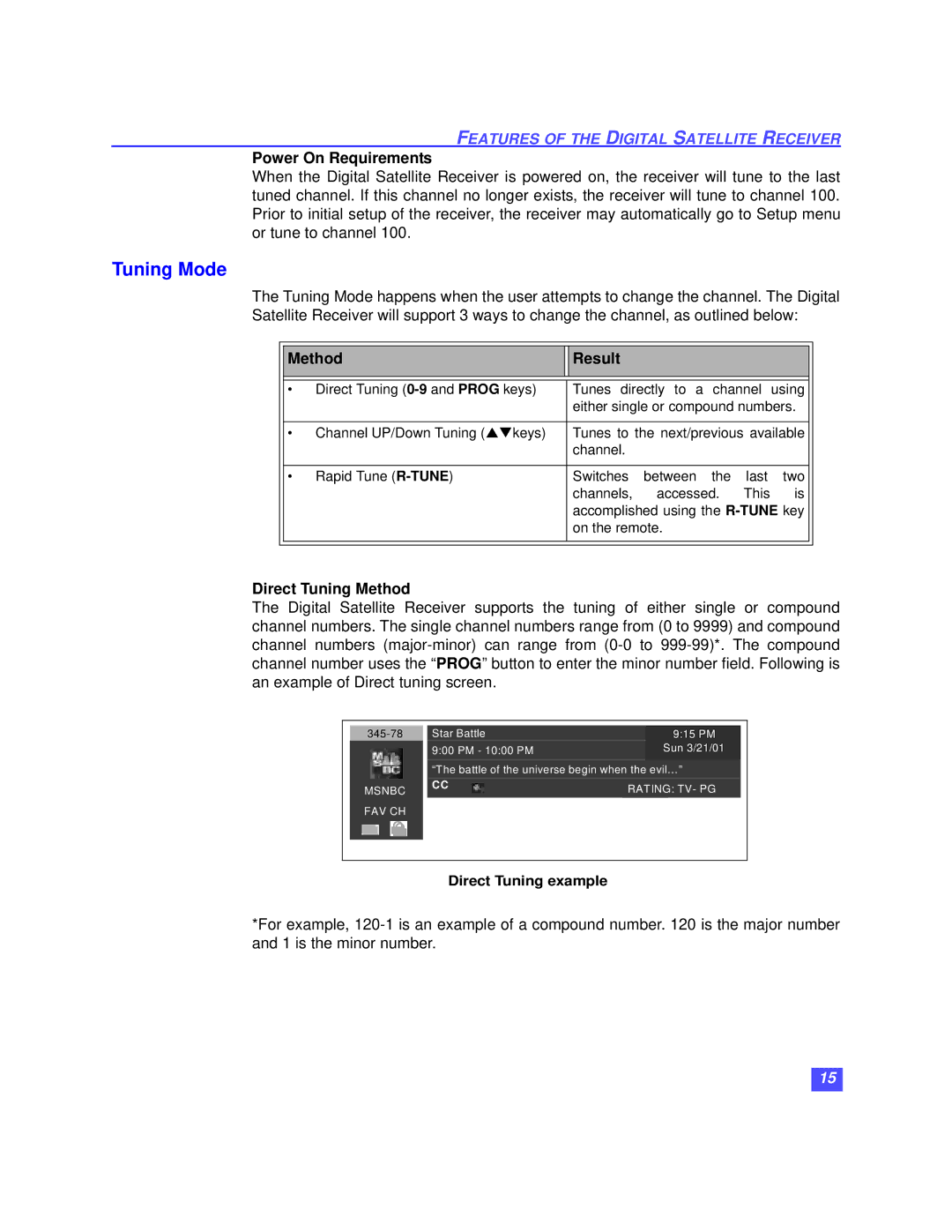 Panasonic TZ-DBS01 Tuning Mode, Power On Requirements, Method Result, Direct Tuning Method, Direct Tuning example 