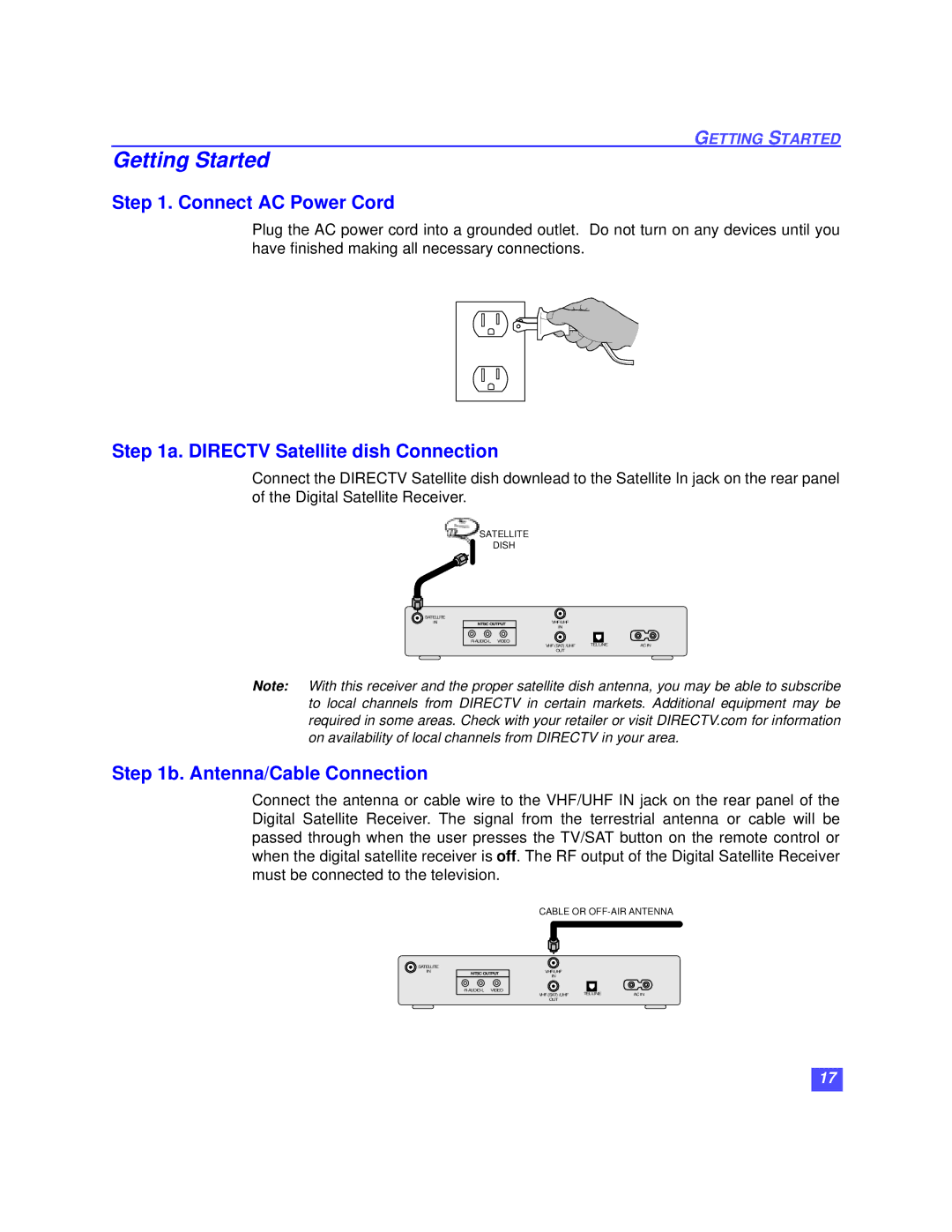 Panasonic TZ-DBS01 operating instructions Getting Started, Connect AC Power Cord, Directv Satellite dish Connection 