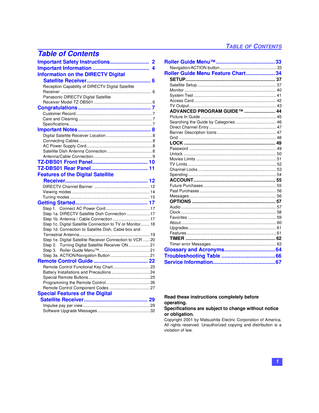 Panasonic TZ-DBS01 operating instructions Table of Contents 