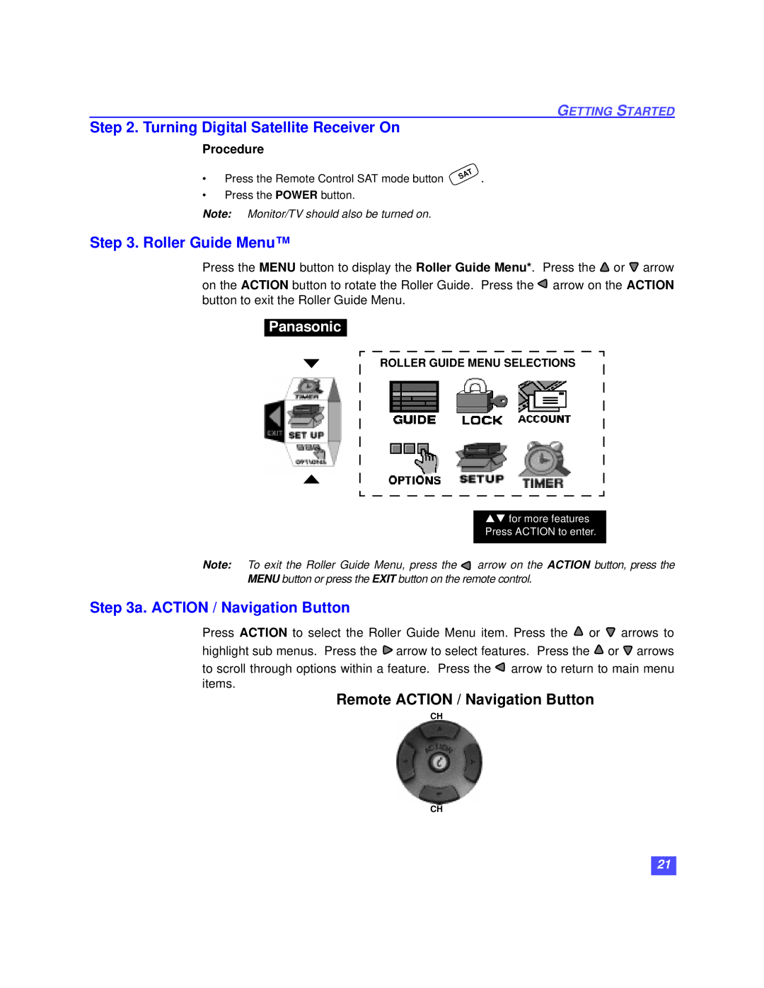 Panasonic TZ-DBS01 Turning Digital Satellite Receiver On, Roller Guide Menu, Action / Navigation Button 