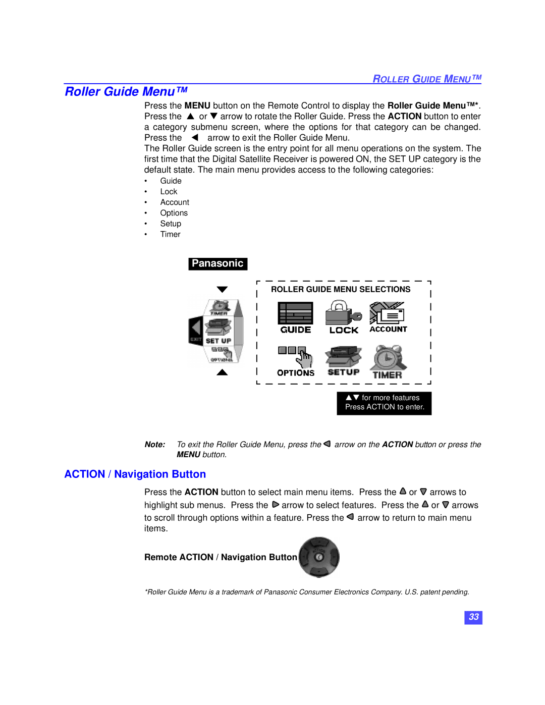 Panasonic TZ-DBS01 operating instructions Roller Guide Menu, Remote Action / Navigation Button 