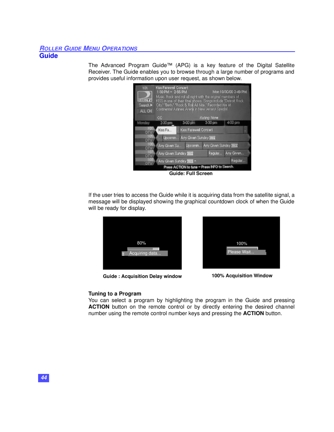 Panasonic TZ-DBS01 Tuning to a Program, Guide Full Screen, Guide Acquisition Delay window 100% Acquisition Window 