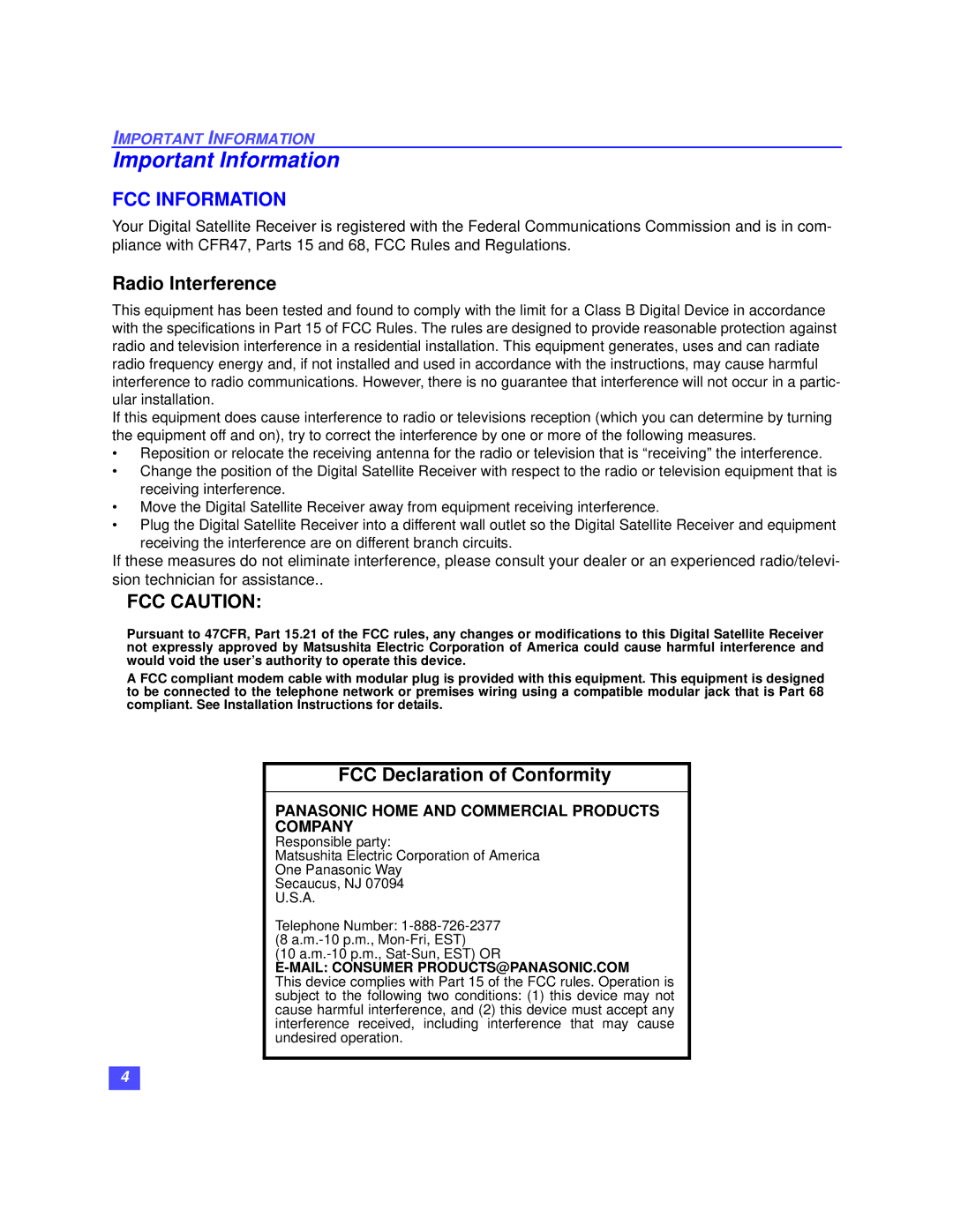 Panasonic TZ-DBS01 operating instructions Important Information, FCC Information 