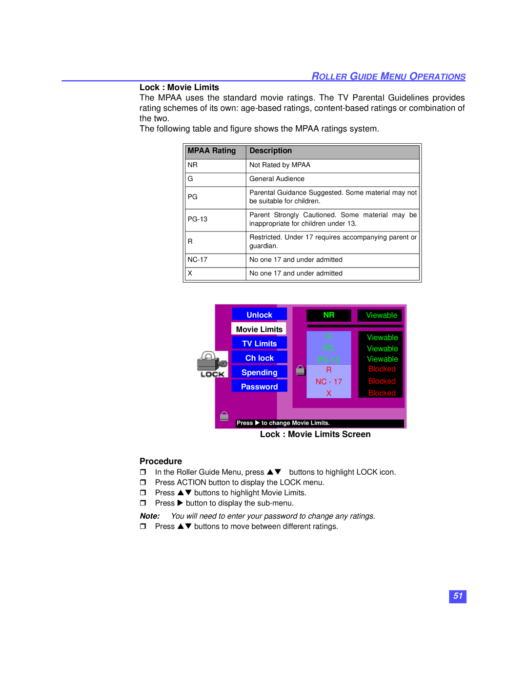 Panasonic TZ-DBS01 operating instructions Lock Movie Limits Screen Procedure, Mpaa Rating Description 