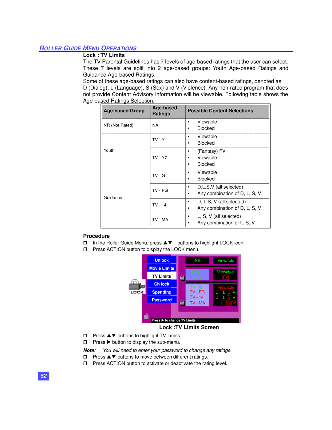 Panasonic TZ-DBS01 operating instructions Lock TV Limits Screen, Age-based Group Possible Content Selections Ratings 