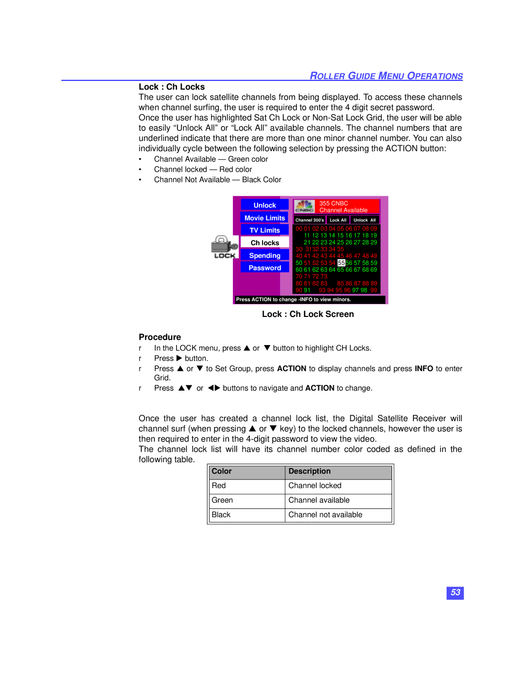 Panasonic TZ-DBS01 operating instructions Lock Ch Locks, Lock Ch Lock Screen Procedure, Color 