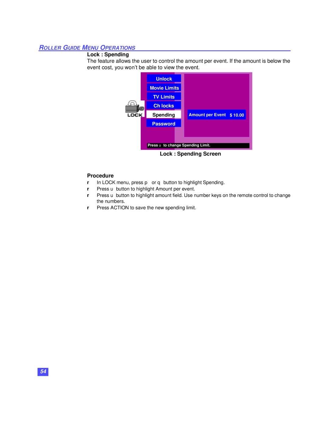 Panasonic TZ-DBS01 operating instructions Lock Spending Screen Procedure 