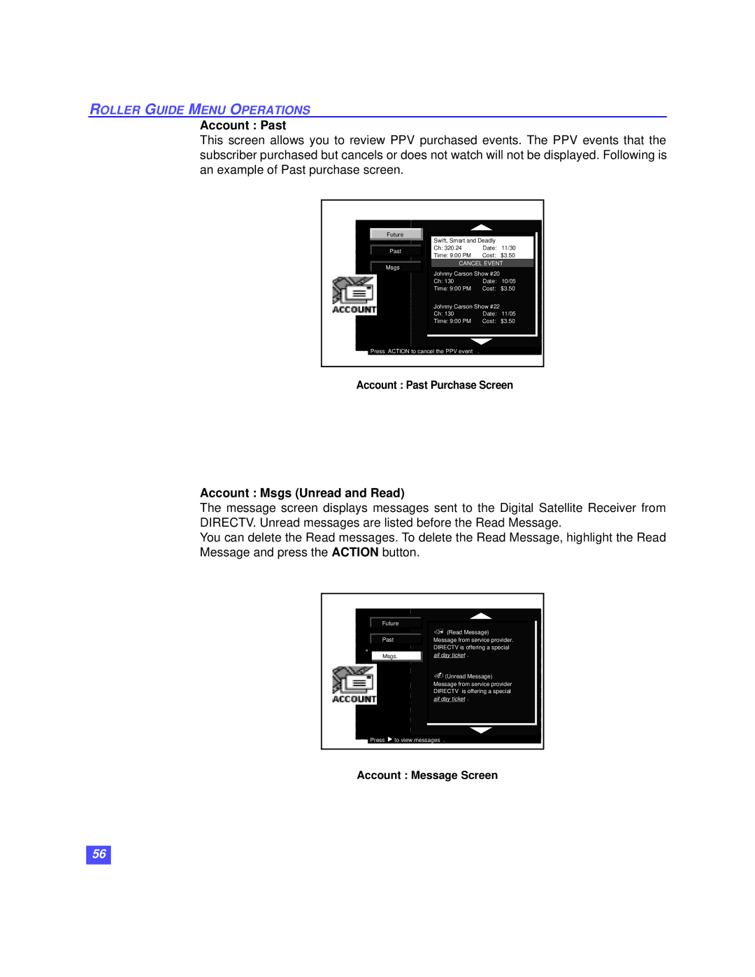 Panasonic TZ-DBS01 Account Msgs Unread and Read, Account Past Purchase Screen, Account Message Screen 