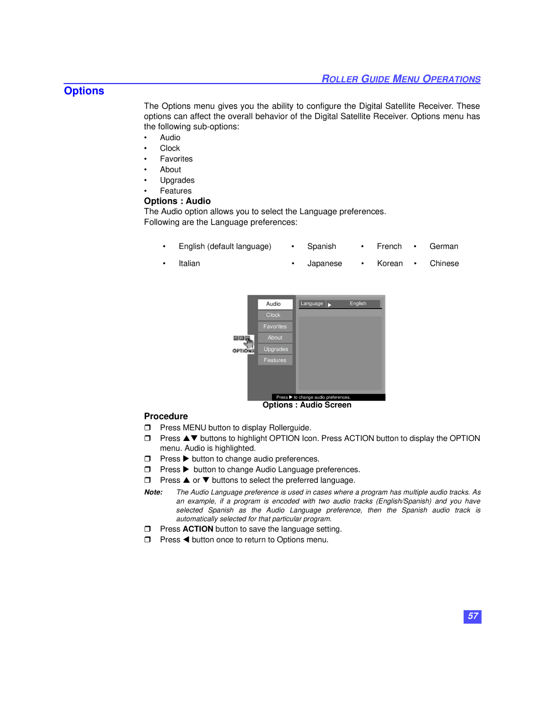 Panasonic TZ-DBS01 operating instructions Options Audio Screen 