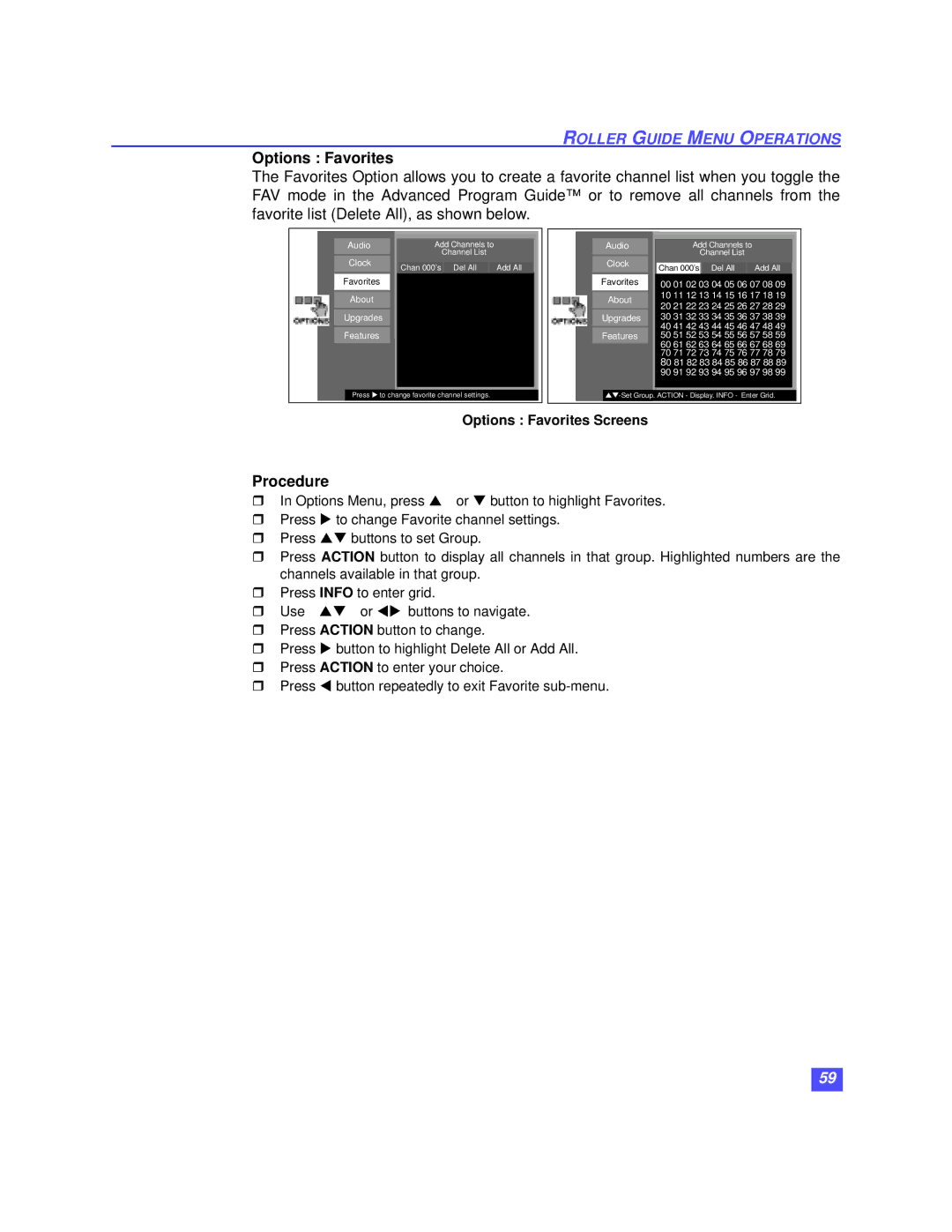 Panasonic TZ-DBS01 operating instructions Options Favorites Screens 