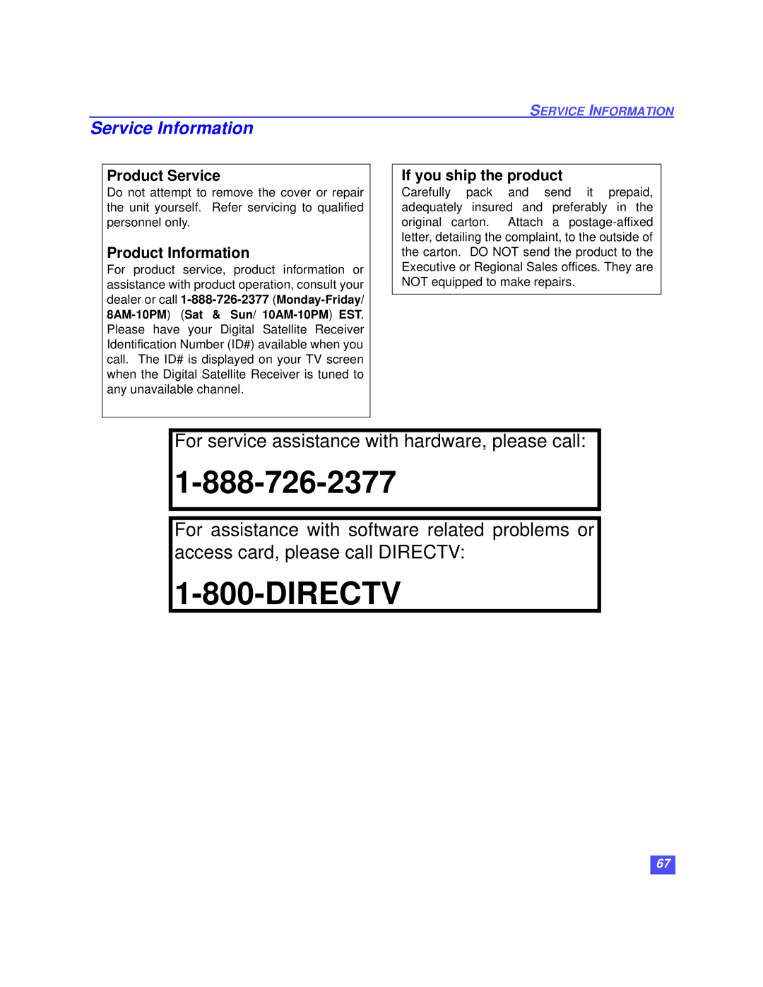 Panasonic TZ-DBS01 operating instructions Service Information, Product Service 