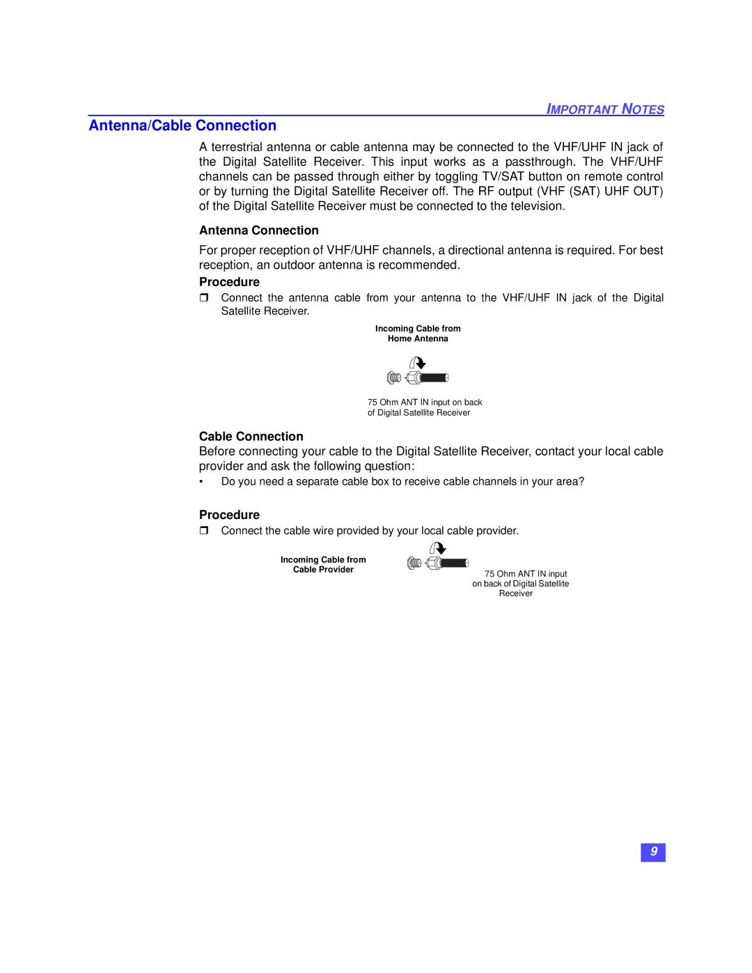 Panasonic TZ-DRD100 operating instructions Antenna/Cable Connection, Antenna Connection, Procedure 