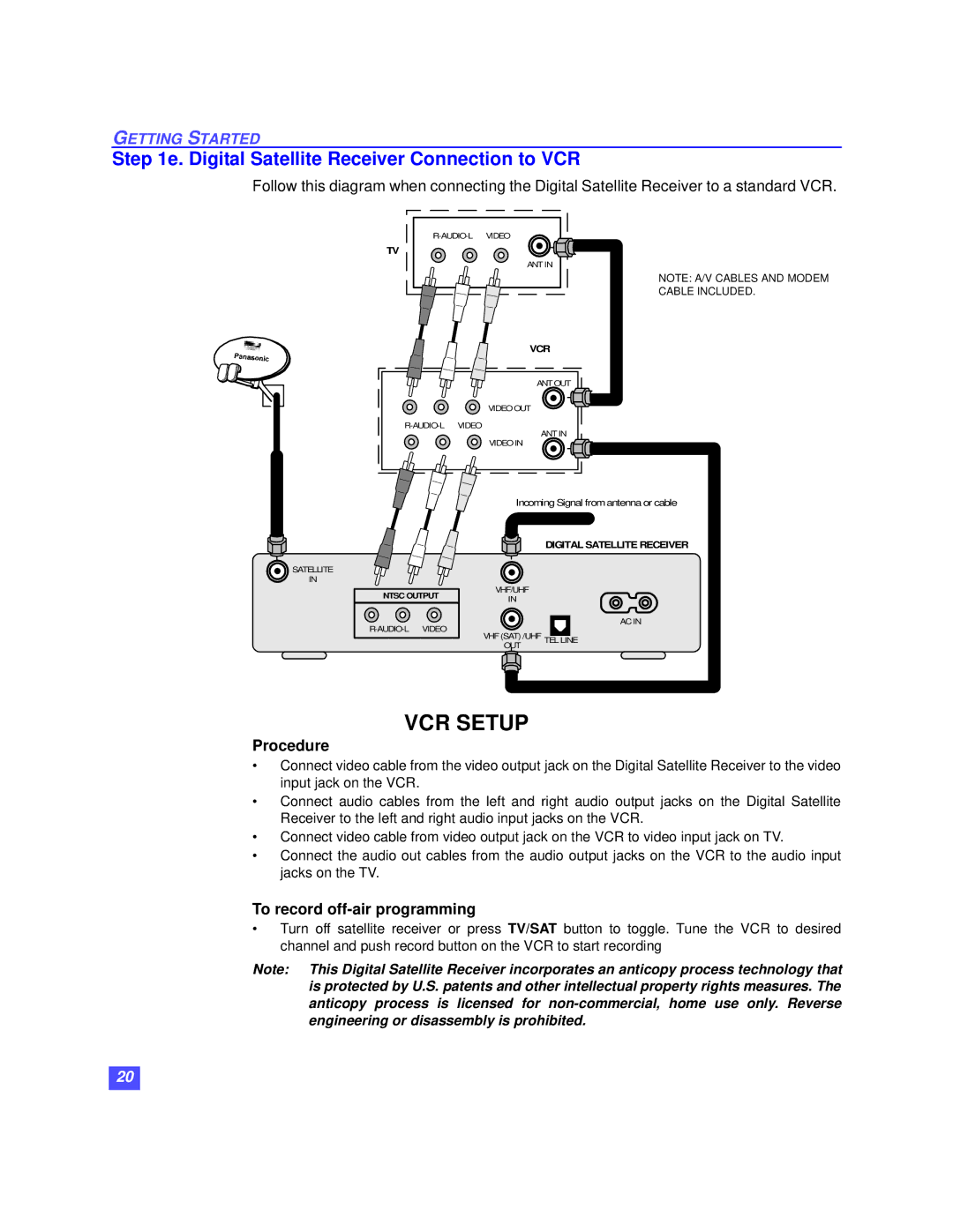 Panasonic TZ-DRD100 operating instructions Digital Satellite Receiver Connection to VCR, To record off-air programming 