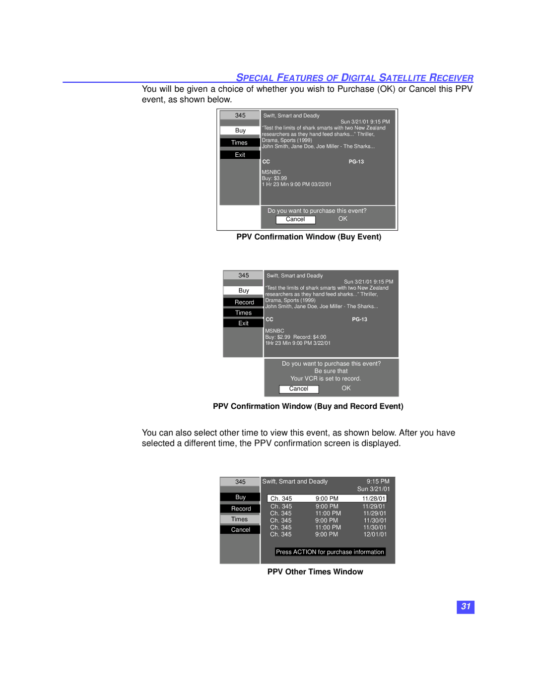 Panasonic TZ-DRD100 operating instructions PPV Confirmation Window Buy Event, PPV Confirmation Window Buy and Record Event 