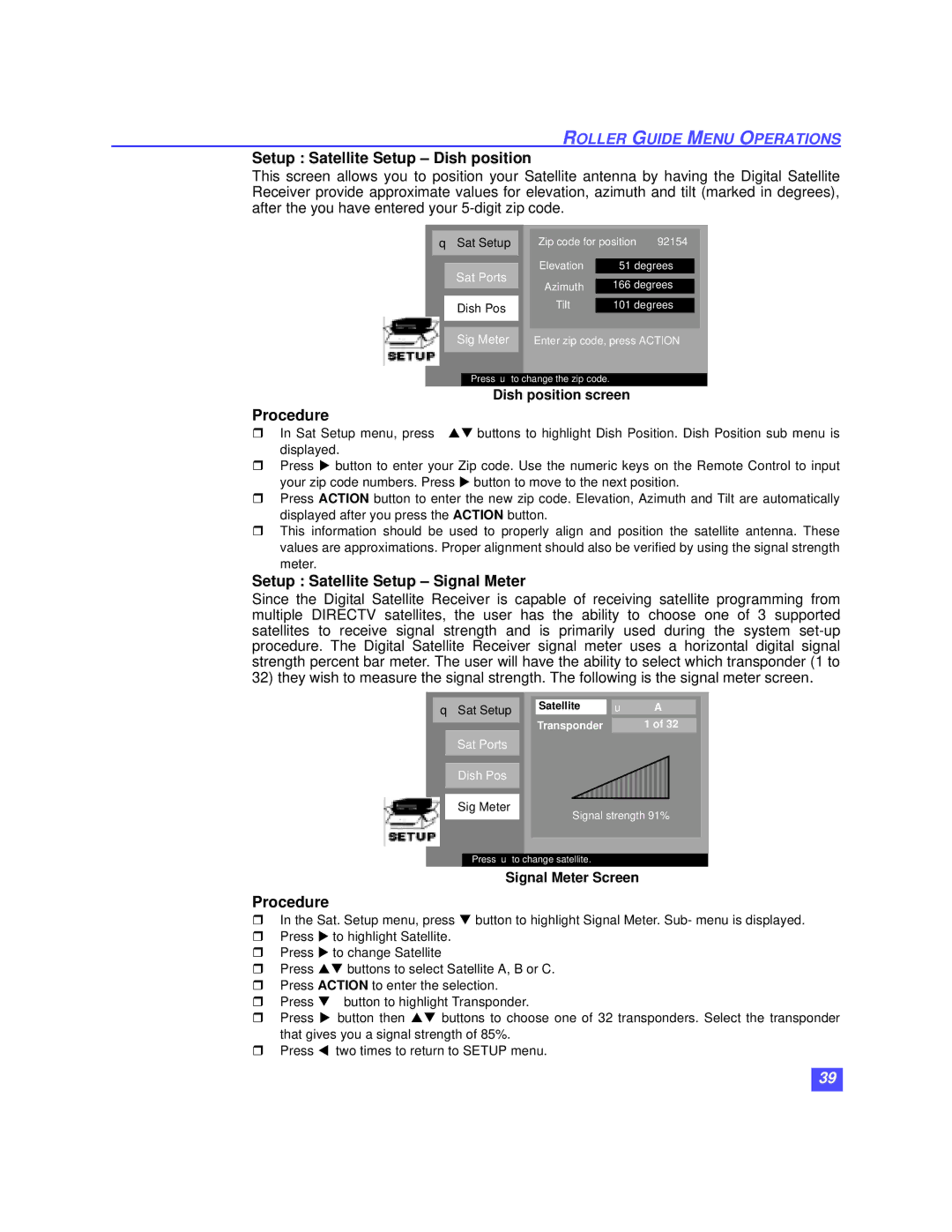 Panasonic TZ-DRD100 Setup Satellite Setup Dish position, Setup Satellite Setup Signal Meter, Signal Meter Screen 