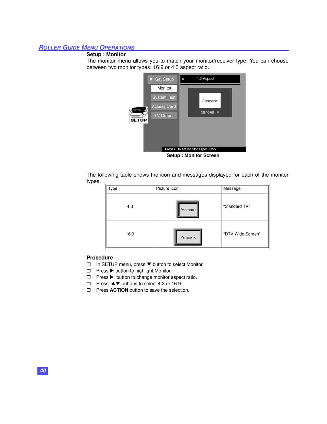 Panasonic TZ-DRD100 operating instructions Setup Monitor Screen 