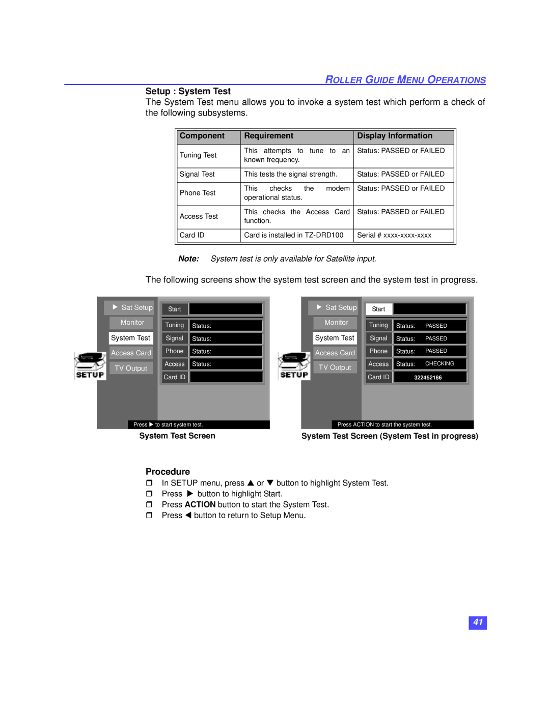 Panasonic TZ-DRD100 operating instructions Setup System Test, Component Requirement Display Information, System Test Screen 