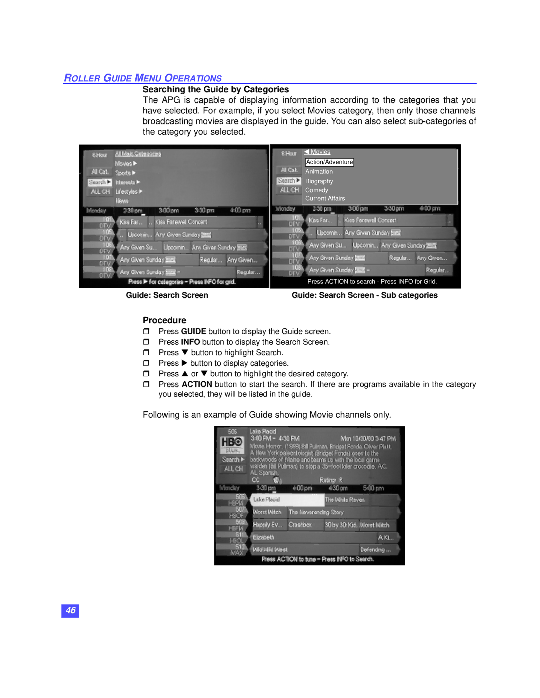 Panasonic TZ-DRD100 Searching the Guide by Categories, Guide Search Screen Guide Search Screen Sub categories 