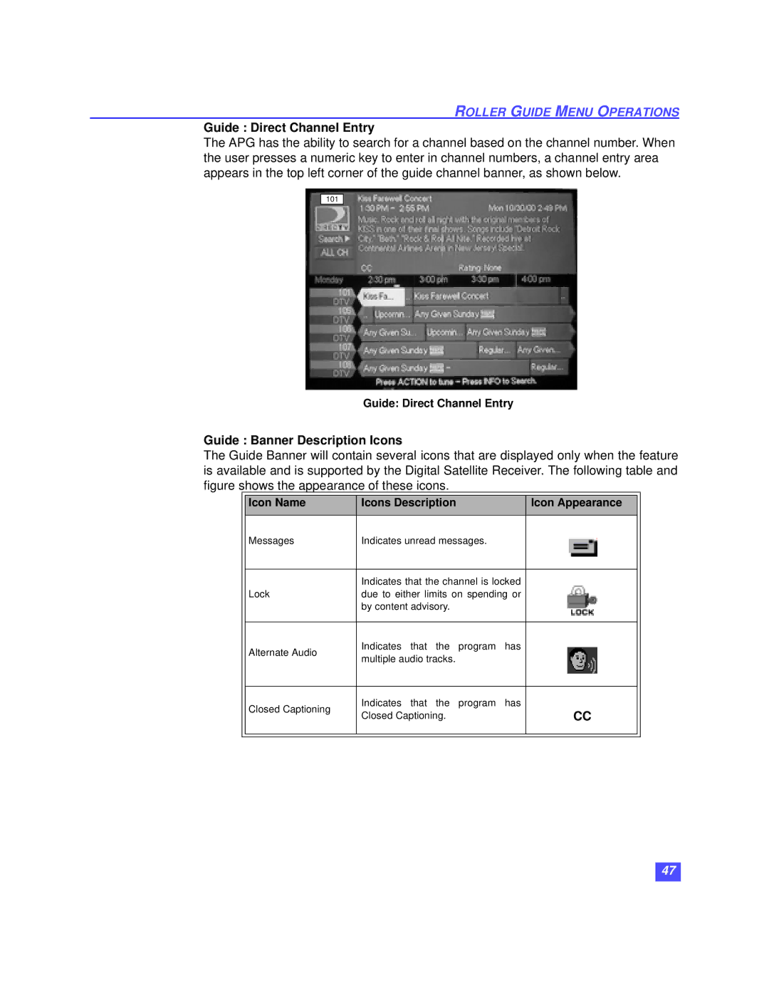 Panasonic TZ-DRD100 operating instructions Guide Direct Channel Entry, Guide Banner Description Icons 