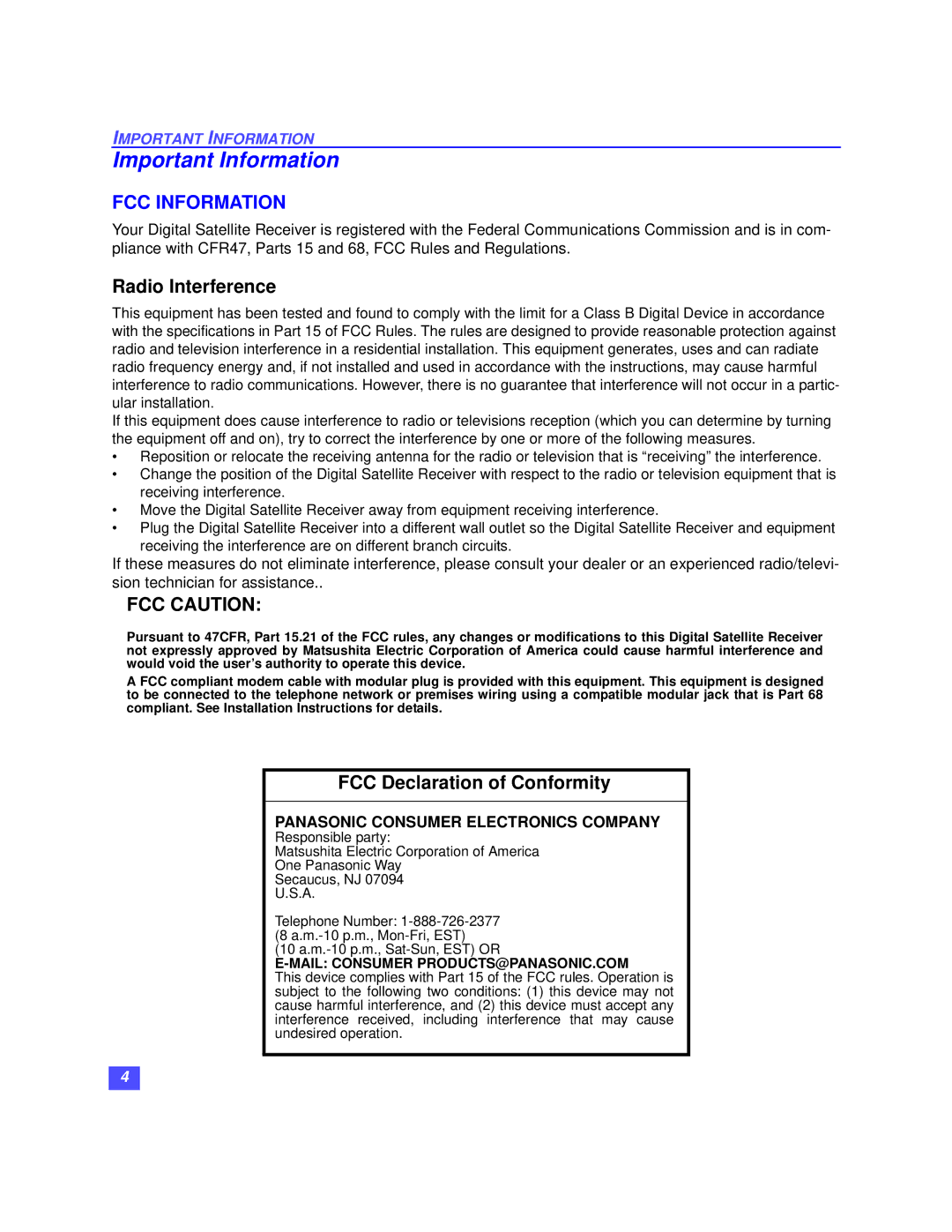 Panasonic TZ-DRD100 operating instructions Important Information, FCC Information 