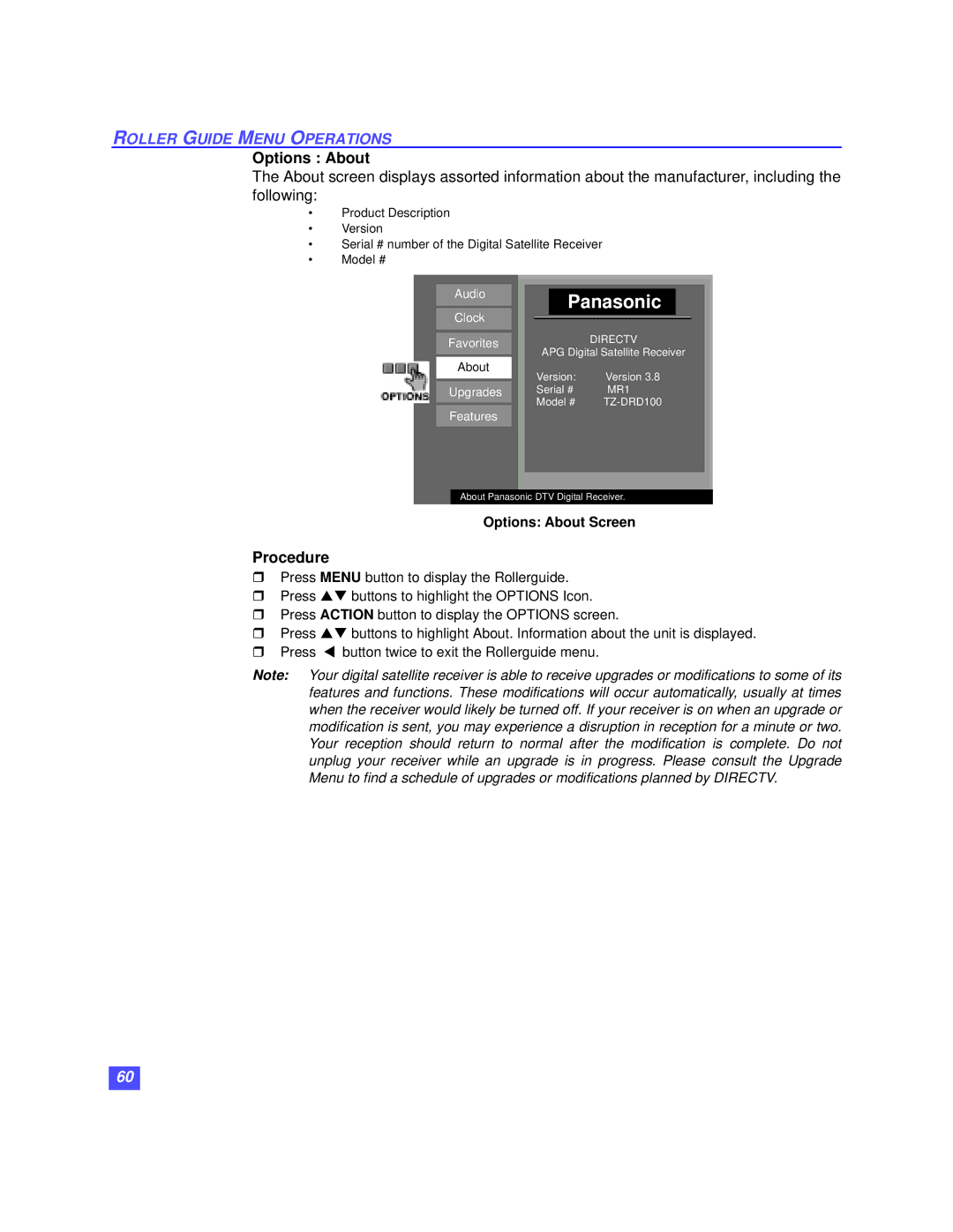 Panasonic TZ-DRD100 operating instructions Options About Screen 