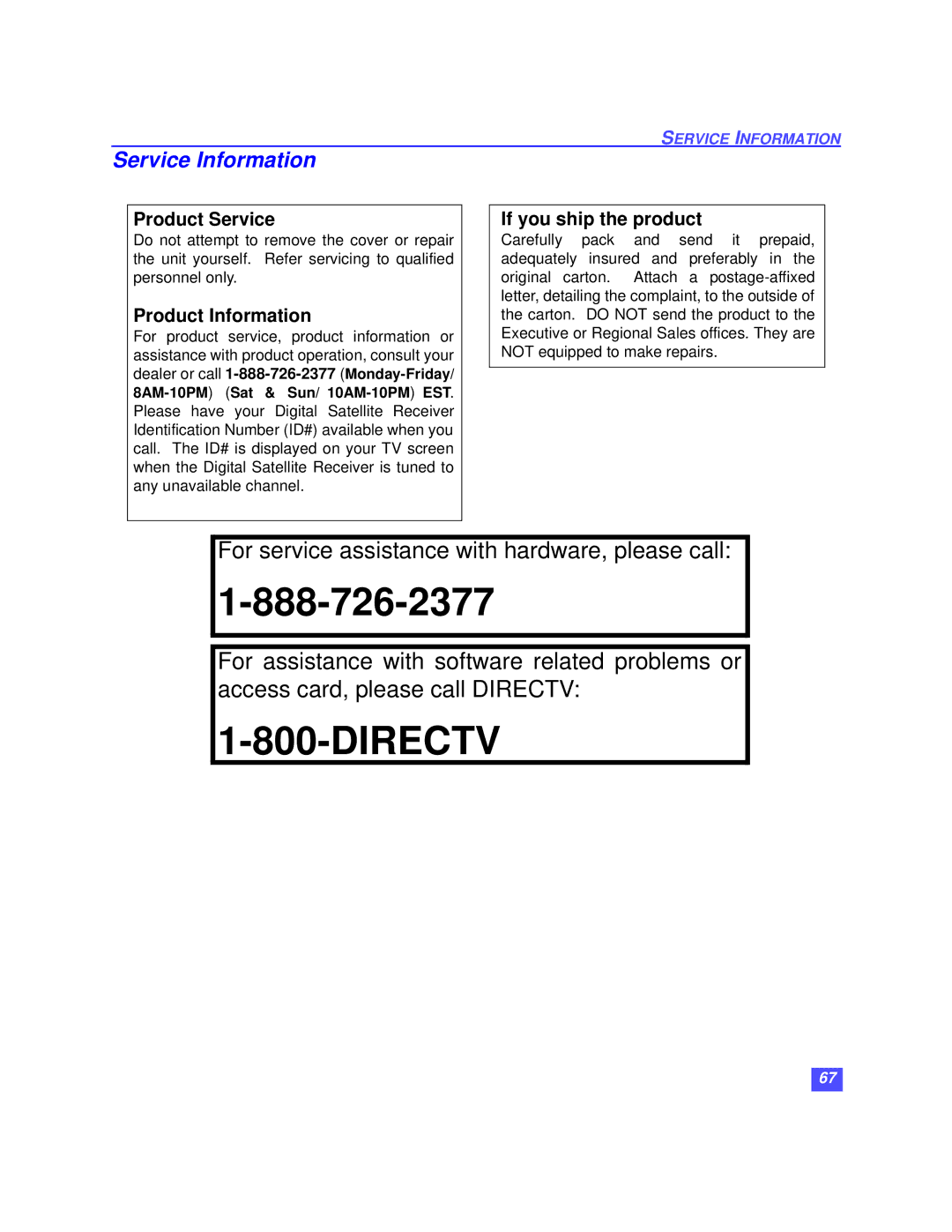 Panasonic TZ-DRD100 operating instructions Service Information, Product Service 