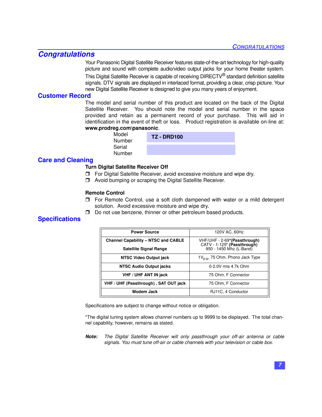 Panasonic TZ-DRD100 operating instructions Congratulations, Customer Record, Care and Cleaning, Specifications 