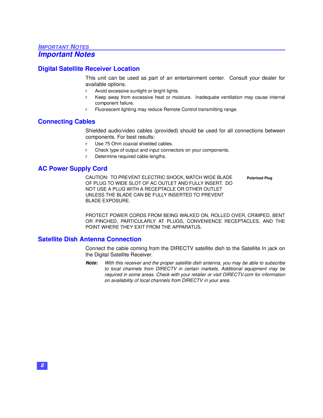 Panasonic TZ-DRD100 Important Notes, Digital Satellite Receiver Location, Connecting Cables, AC Power Supply Cord 