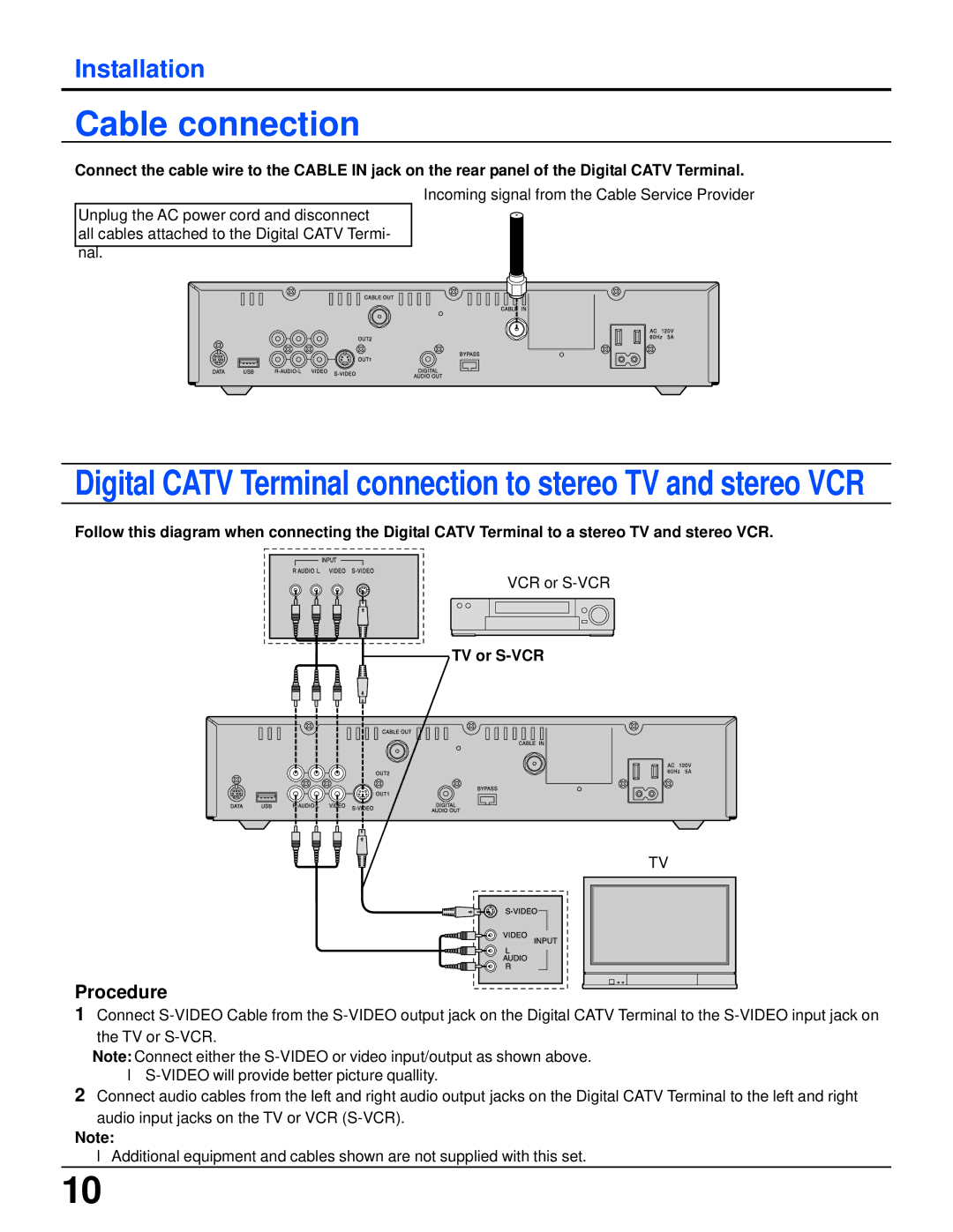 Panasonic TZ-PCD2000 manual Cable connection, Procedure, TV or S-VCR 