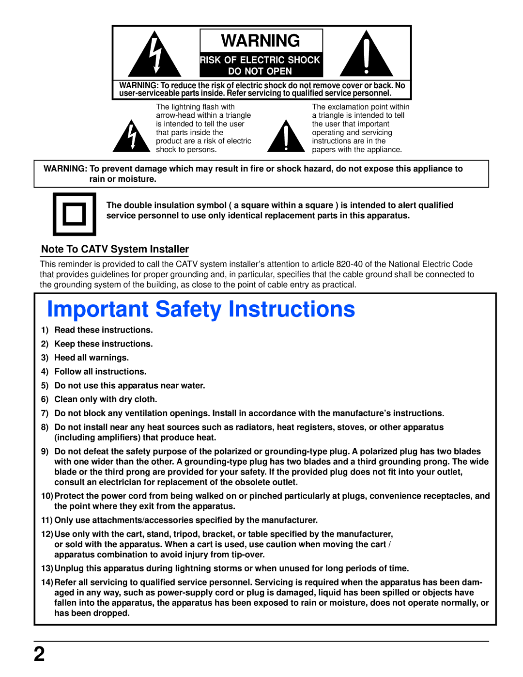 Panasonic TZ-PCD2000 manual Important Safety Instructions, Risk of Electric Shock Do not Open 