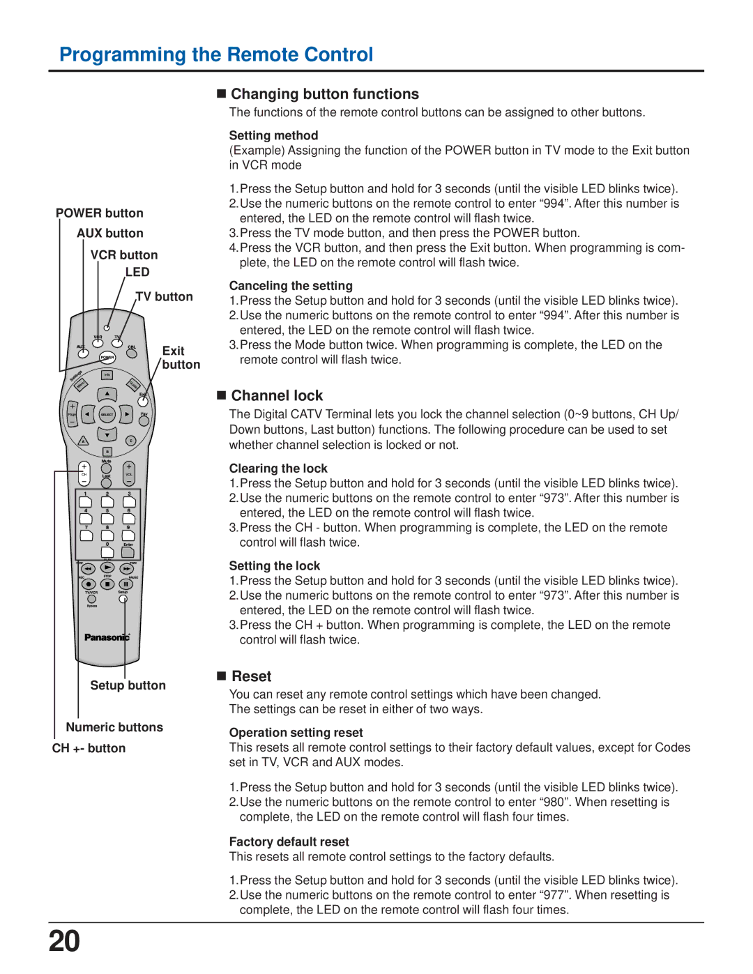 Panasonic TZ-PCD2000 manual Changing button functions, Channel lock, Reset 