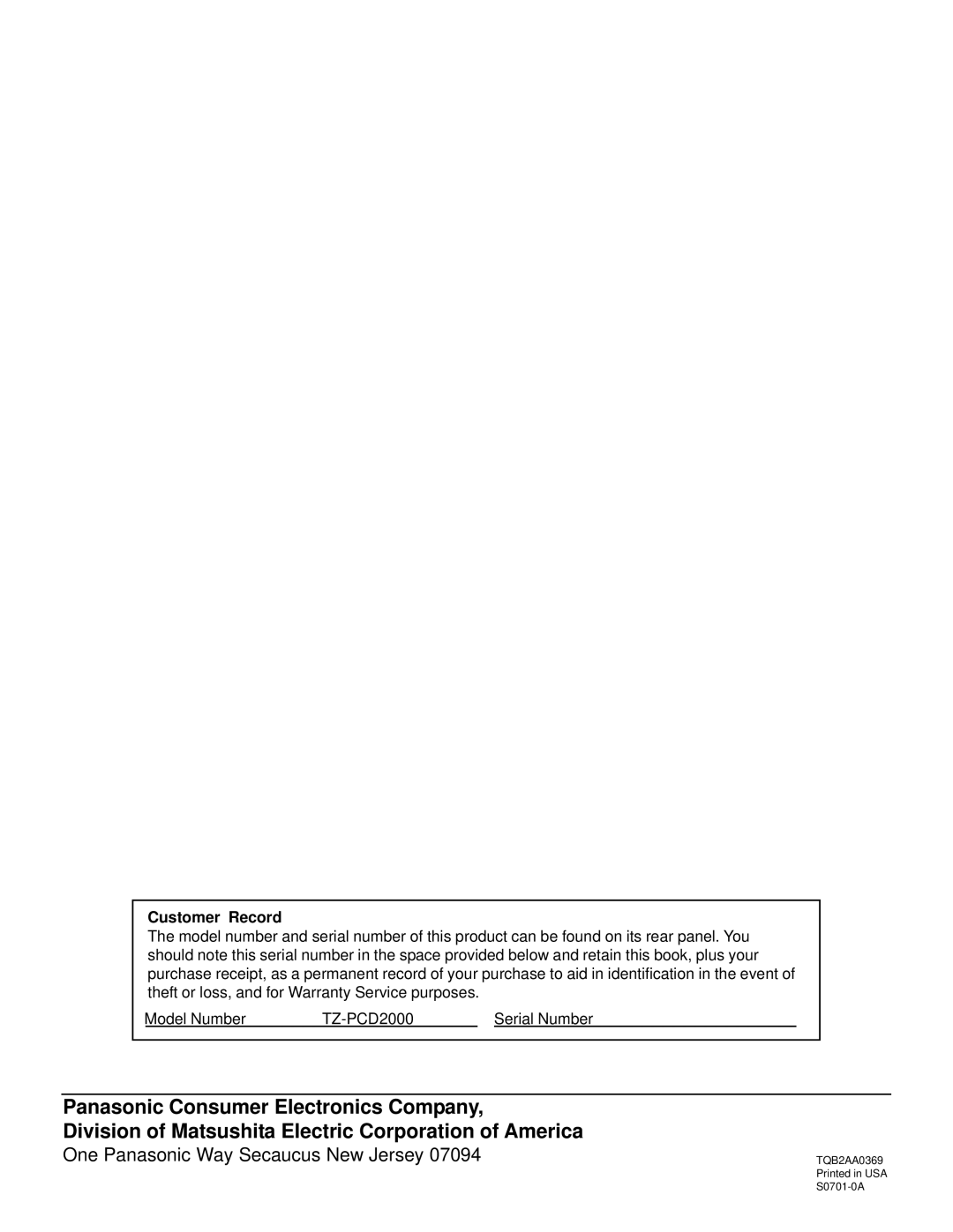 Panasonic TZ-PCD2000 manual Customer Record 