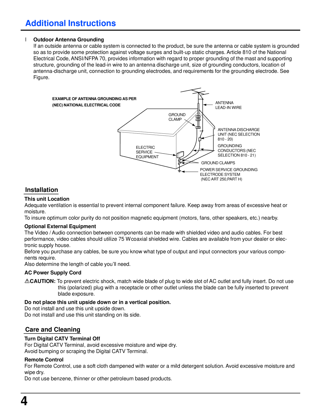 Panasonic TZ-PCD2000 manual Installation, Care and Cleaning 