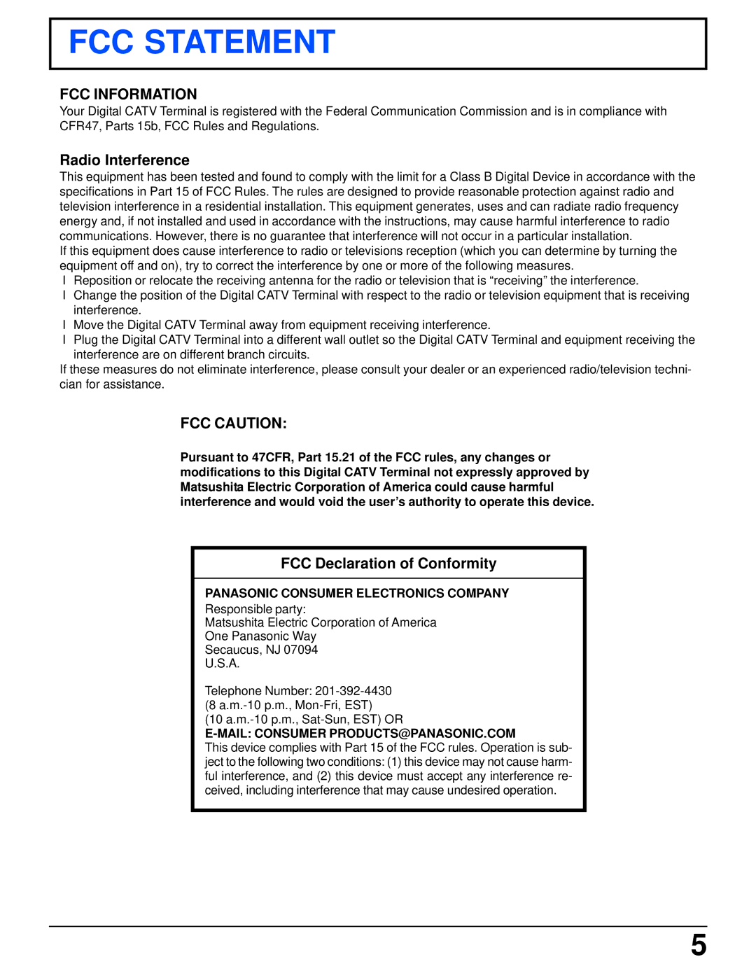 Panasonic TZ-PCD2000 manual Radio Interference, FCC Declaration of Conformity 