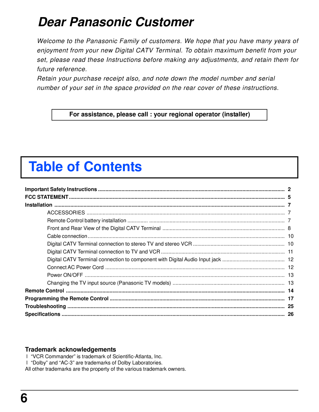 Panasonic TZ-PCD2000 manual Table of Contents 