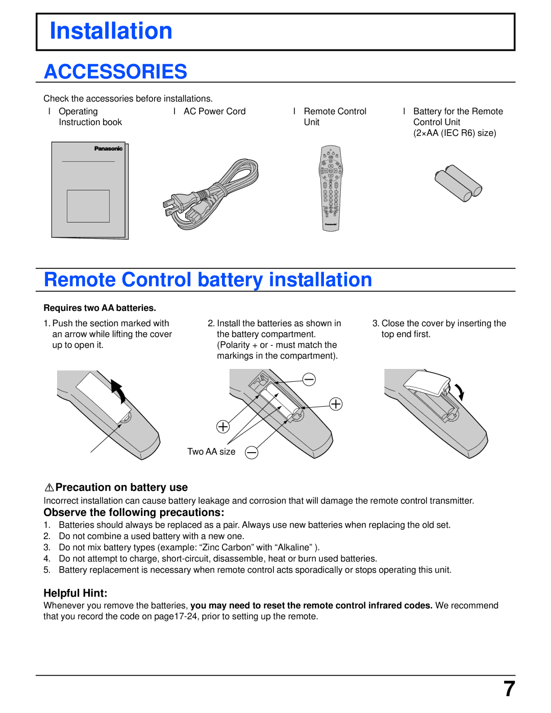 Panasonic TZ-PCD2000 manual Installation, Remote Control battery installation, Precaution on battery use, Helpful Hint 