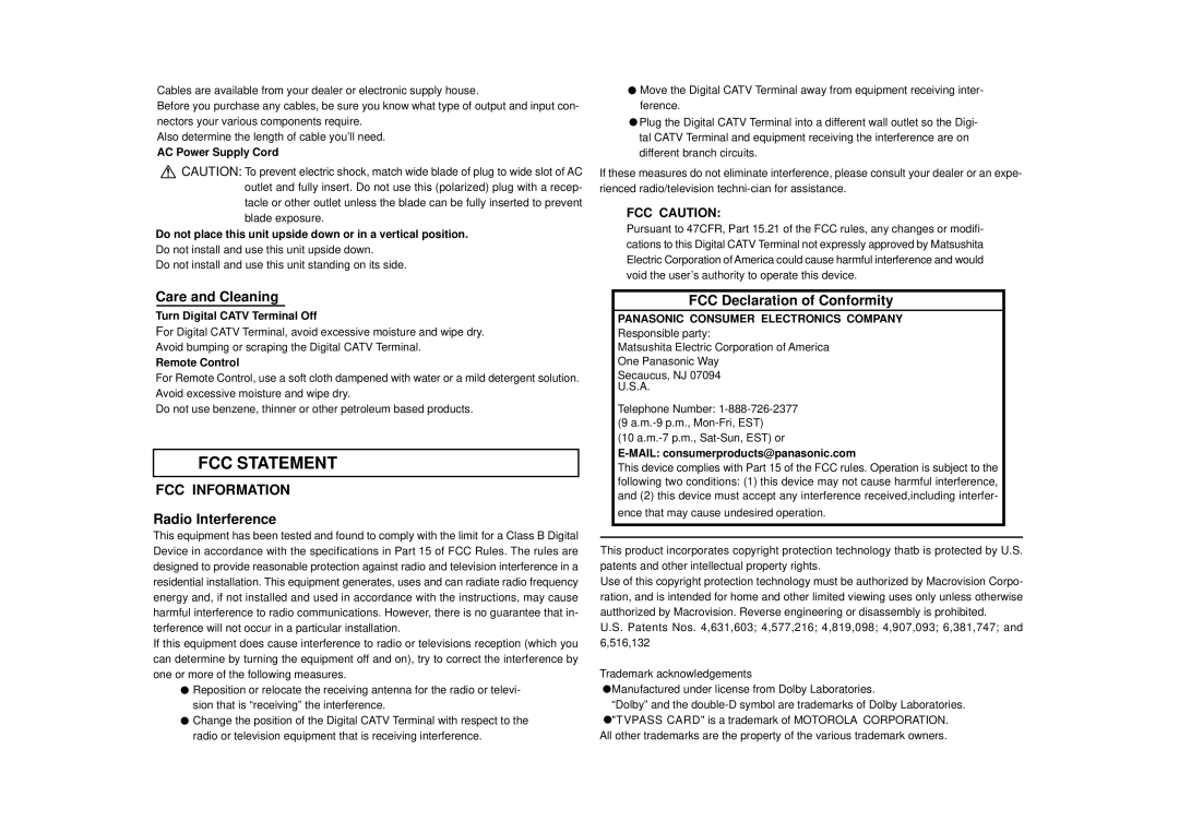 Panasonic TZ-PCD3000 FCC Statement, Care and Cleaning, FCC Information, Radio Interference, FCC Declaration of Conformity 