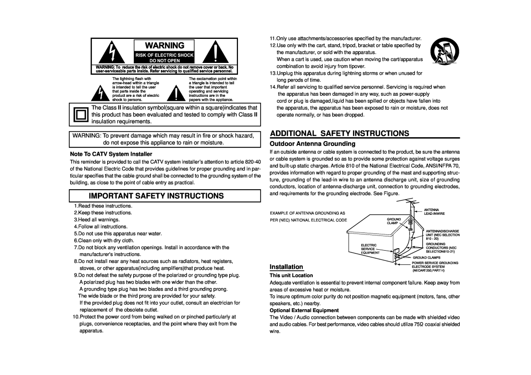 Panasonic TZ-PCD3000 manual Important Safety Instructions, Additional Safety Instructions, Outdoor Antenna Grounding 