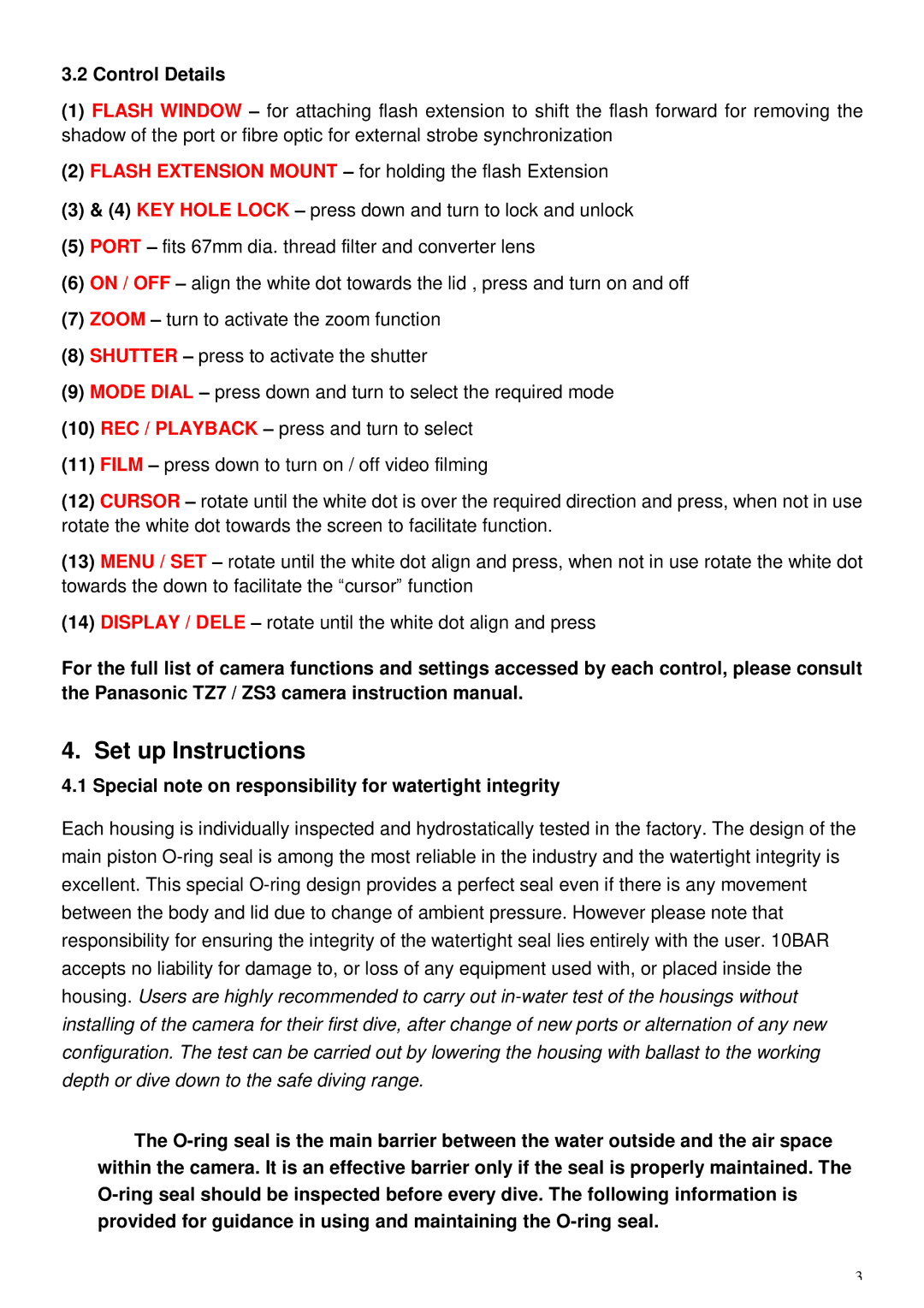 Panasonic ZS3, TZ7 user manual Control Details, Special note on responsibility for watertight integrity 