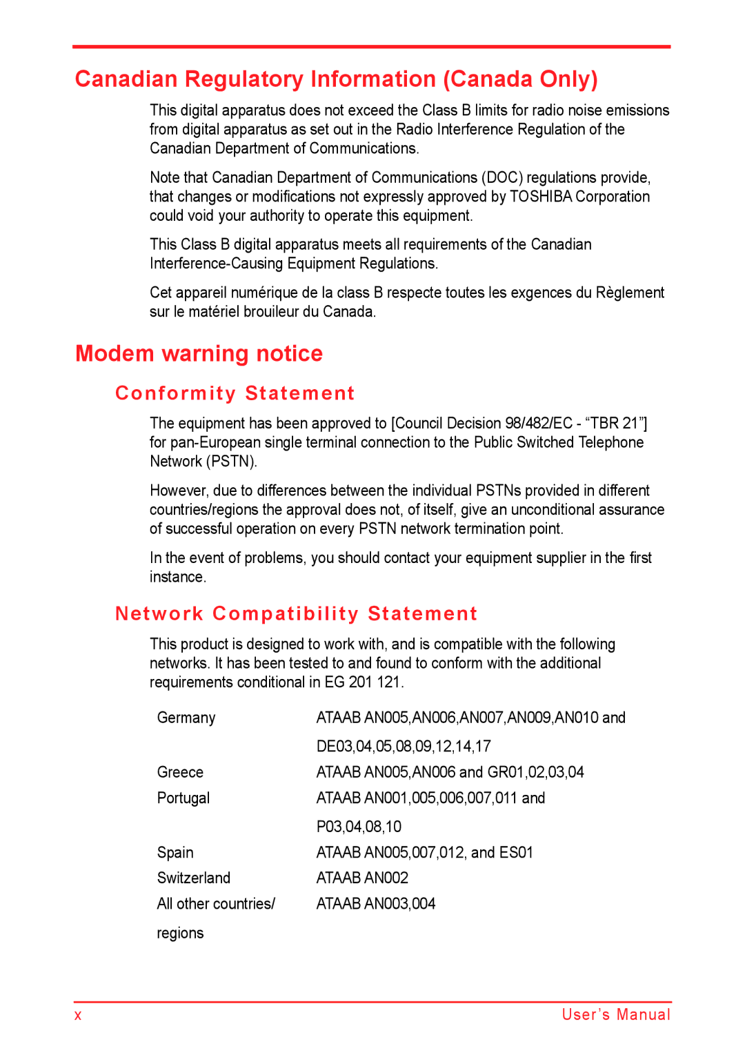 Panasonic U500D user manual Canadian Regulatory Information Canada Only, Modem warning notice, Conformity Statement 