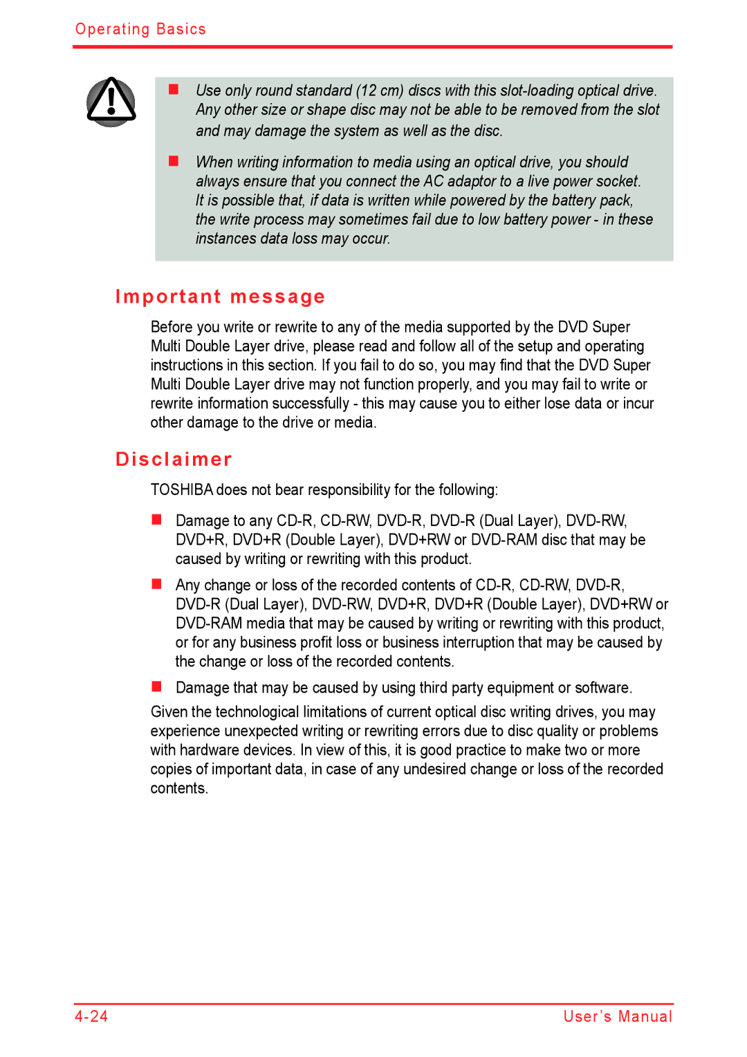 Panasonic U500D user manual Important message, Disclaimer 