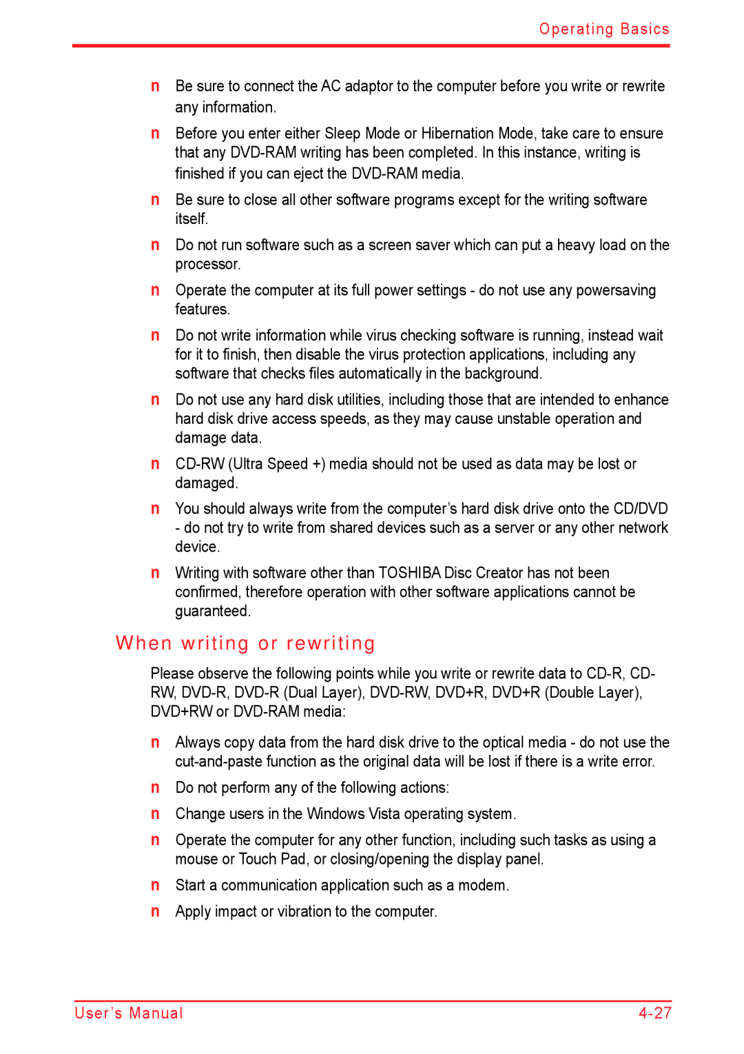 Panasonic U500D user manual When writing or rewriting 