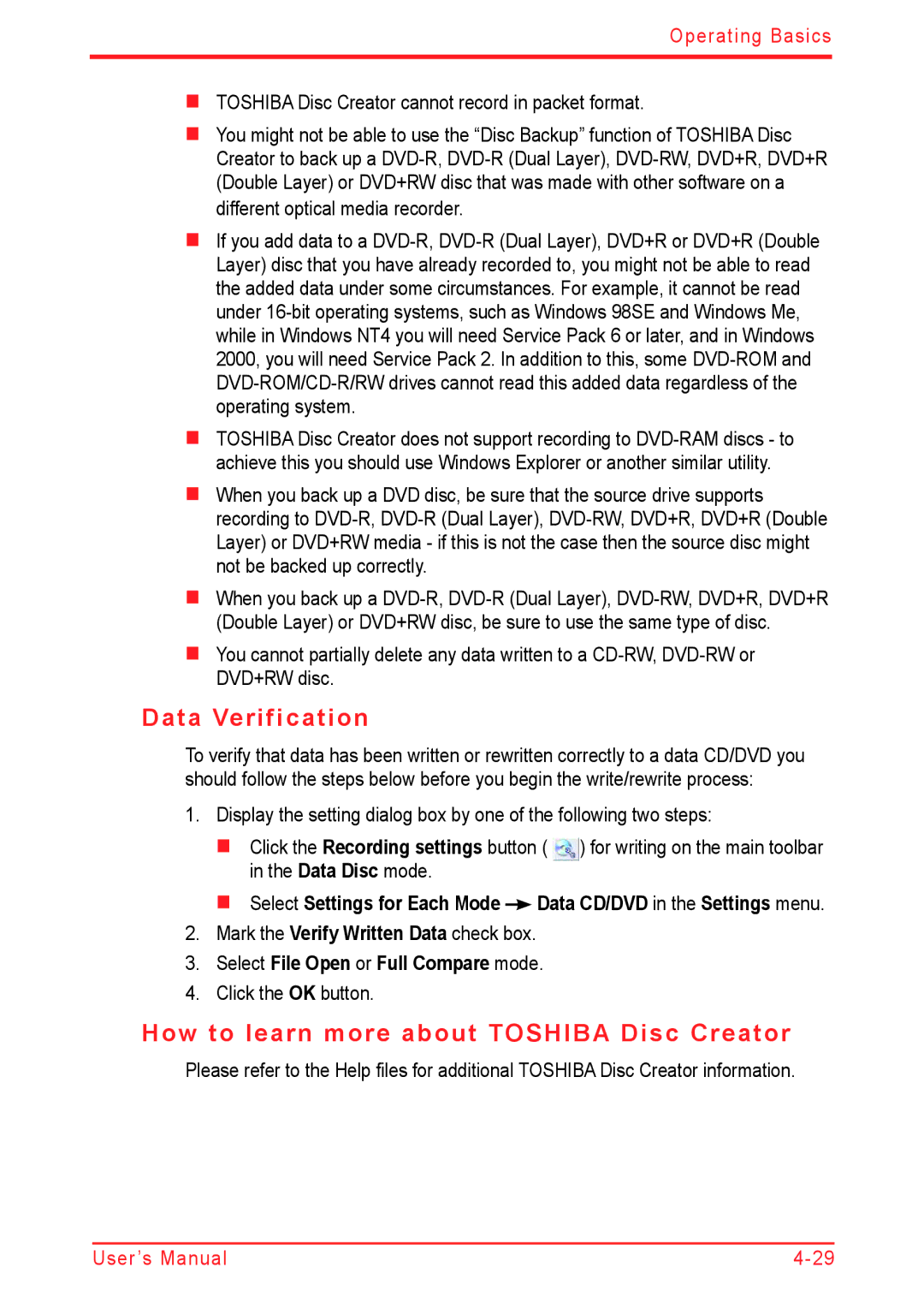 Panasonic U500D user manual Data Verification, How to learn more about Toshiba Disc Creator, Click the OK button 