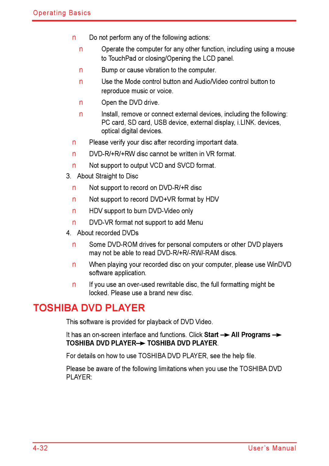 Panasonic U500D user manual Toshiba DVD Player 