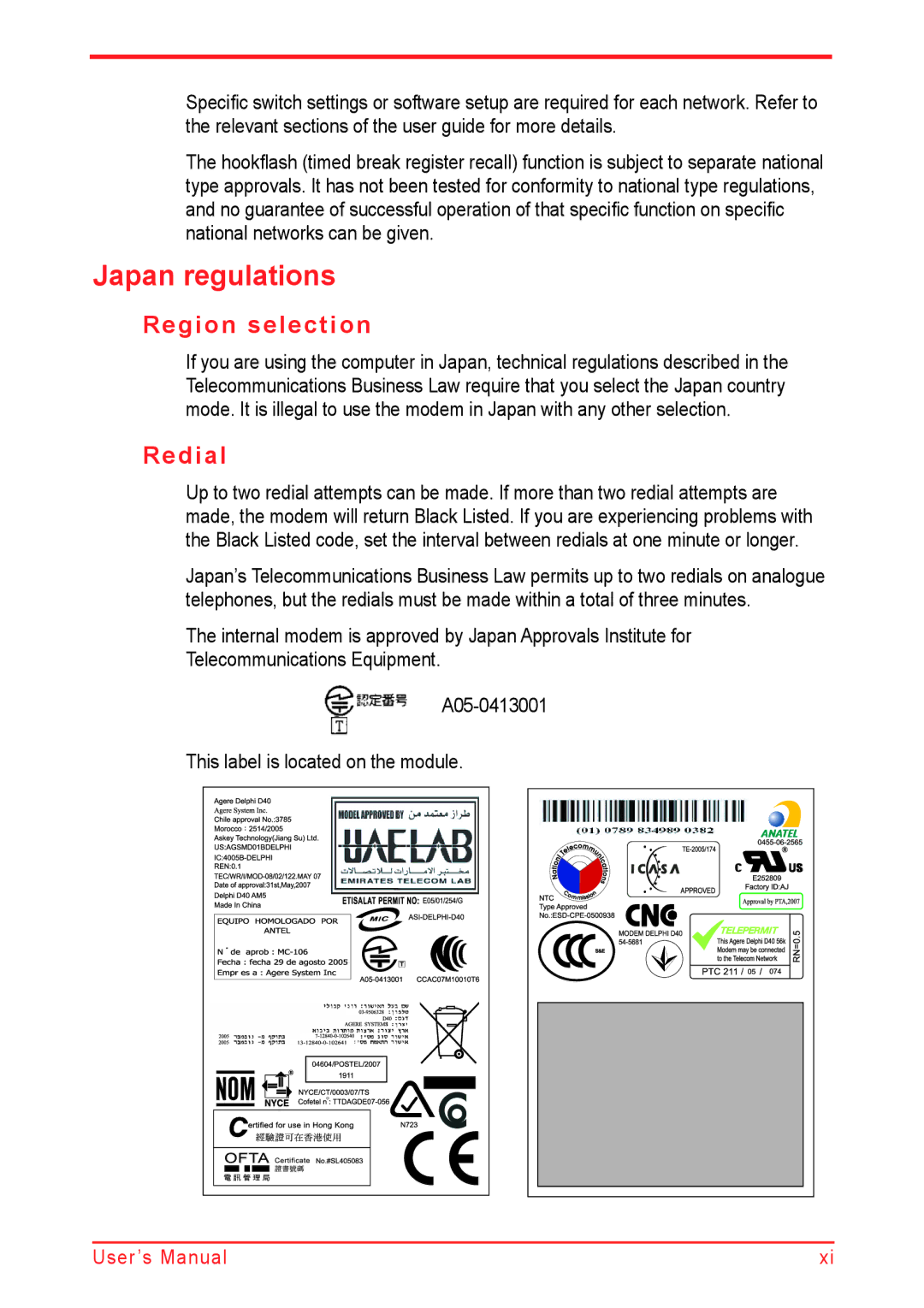 Panasonic U500D user manual Japan regulations, Region selection, Redial 