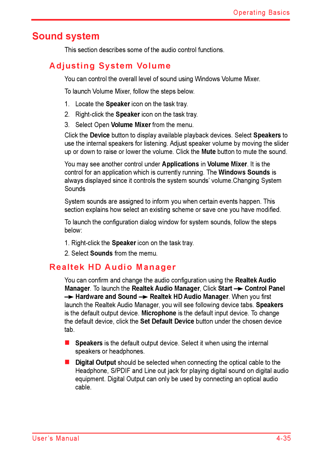 Panasonic U500D user manual Sound system, Adjusting System Volume, Realtek HD Audio Manager 